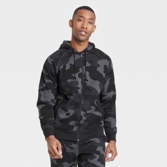 Men's Cotton Fleece Full Zip Sweatshirt - All in Motion Black Camo Print Size S - Picture 1 of 3
